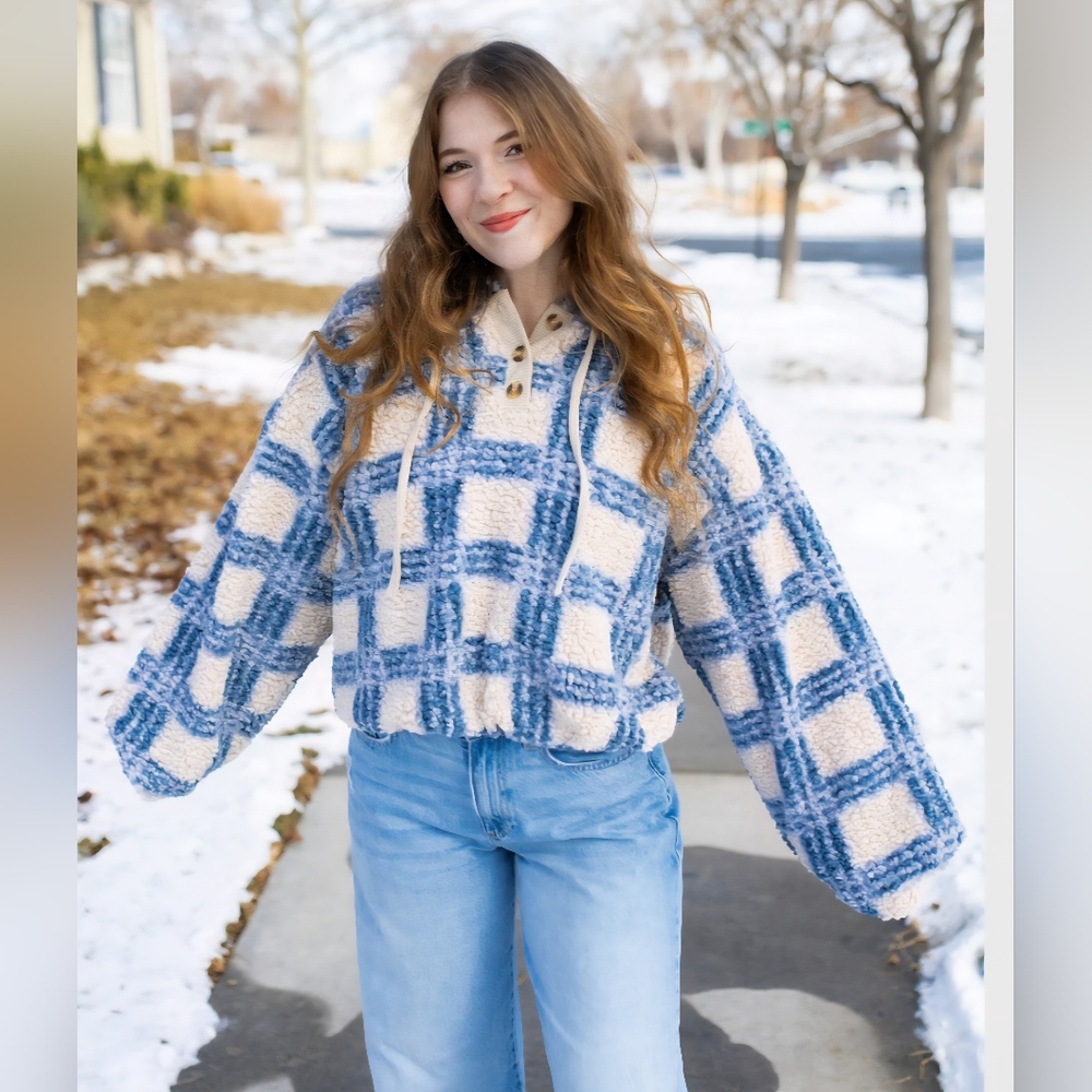 Blue and Cream Plaid Sherpa Hoodie
